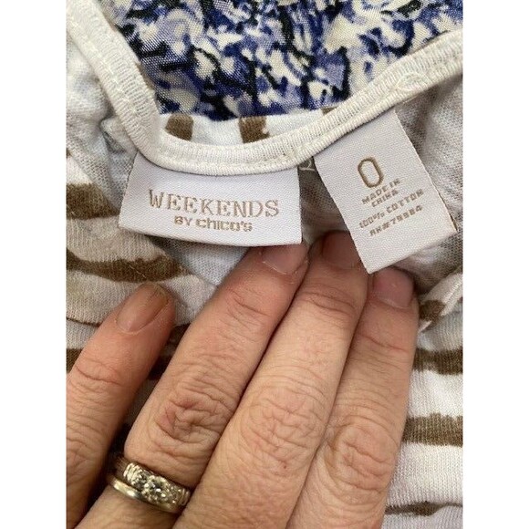 Weekends By Chico's Sz 0 Small Brown White Stripe 3/4 Sleeve Cotton Blouse Beach - Picture 6 of 7